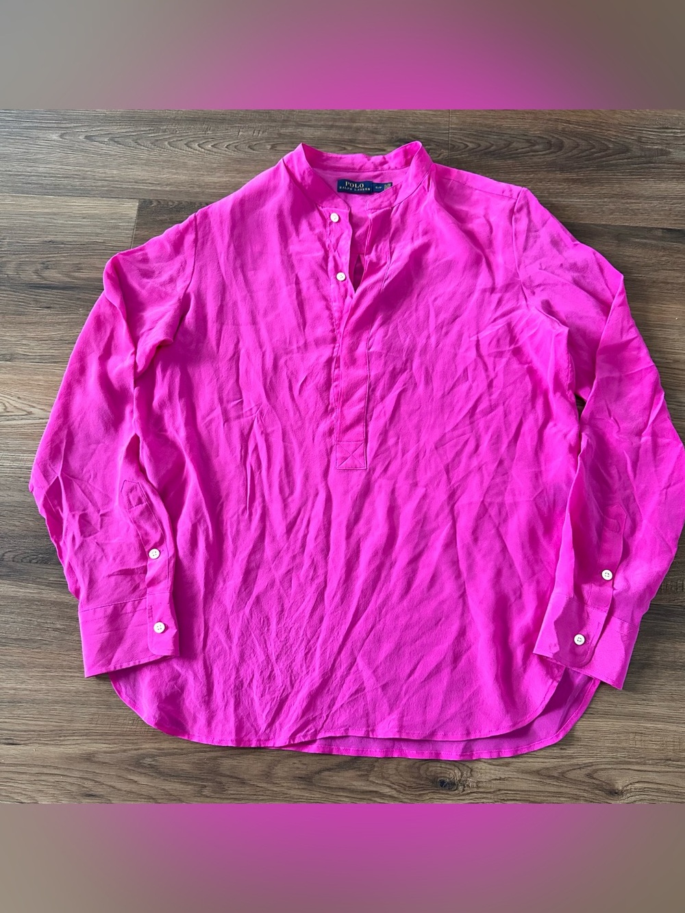 Polo Ralph Lauren 100% Silk 1/2 Button Blouse Pink Womens Small Luxury Classic